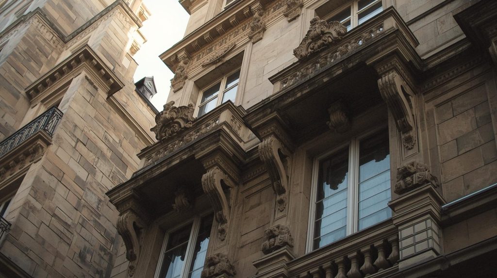 une photo réaliste d'immeuble de centre ville en france.